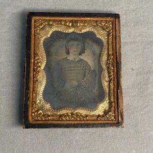 1/9 Plate Ambrotype Photo 1850s Girl Child Colorized 1/2 Union Case Brass Mat